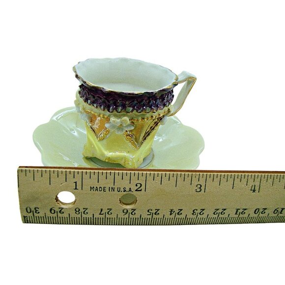 Vintage Germany Demitasse Mini Porcelain Lusterware Teacup Saucer Purple Yellows - Picture 6 of 12